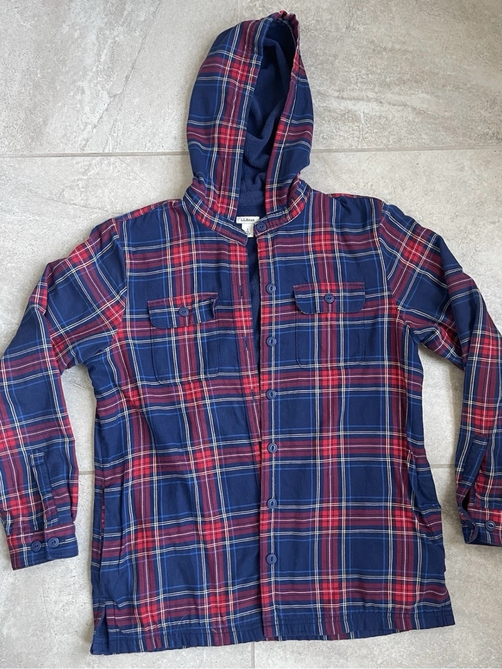 L.L. Bean Navy & Red Plaid Hooded Shirt Jacket Flannel